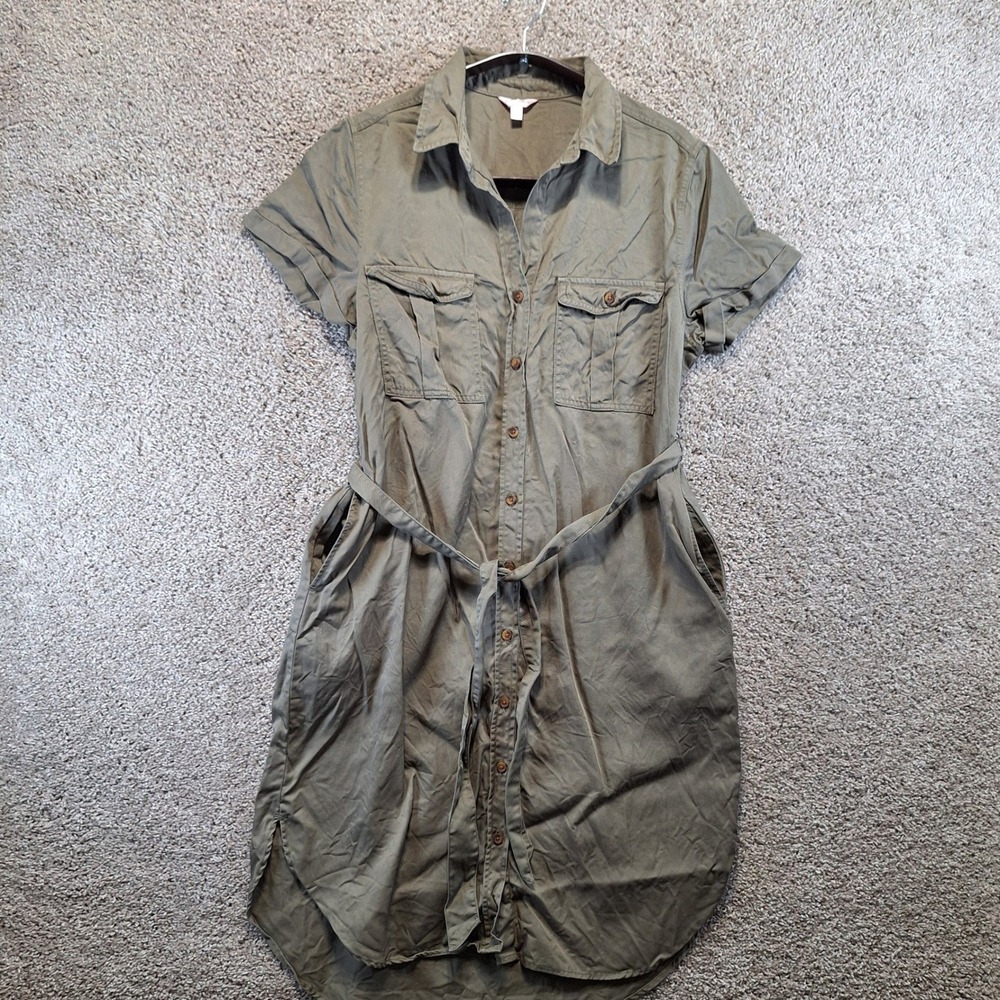 Teddi Rose Shirt Dress Womens L Green Tencel Lyocell Button Up Safari Utility